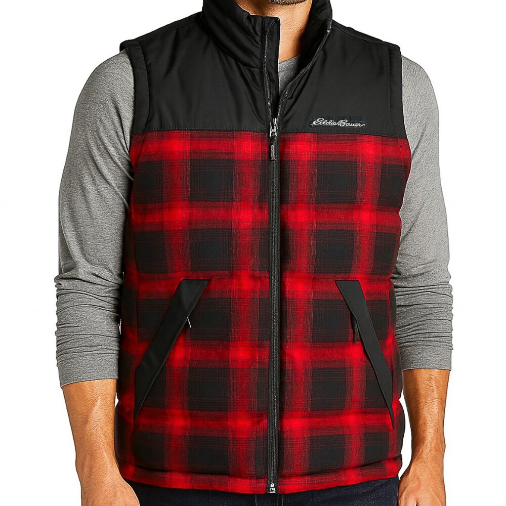 Eddie Bauer Emmons Down Vest in Red Clay Zip-Up 550 Fill Power Plaid Sz L - NWT